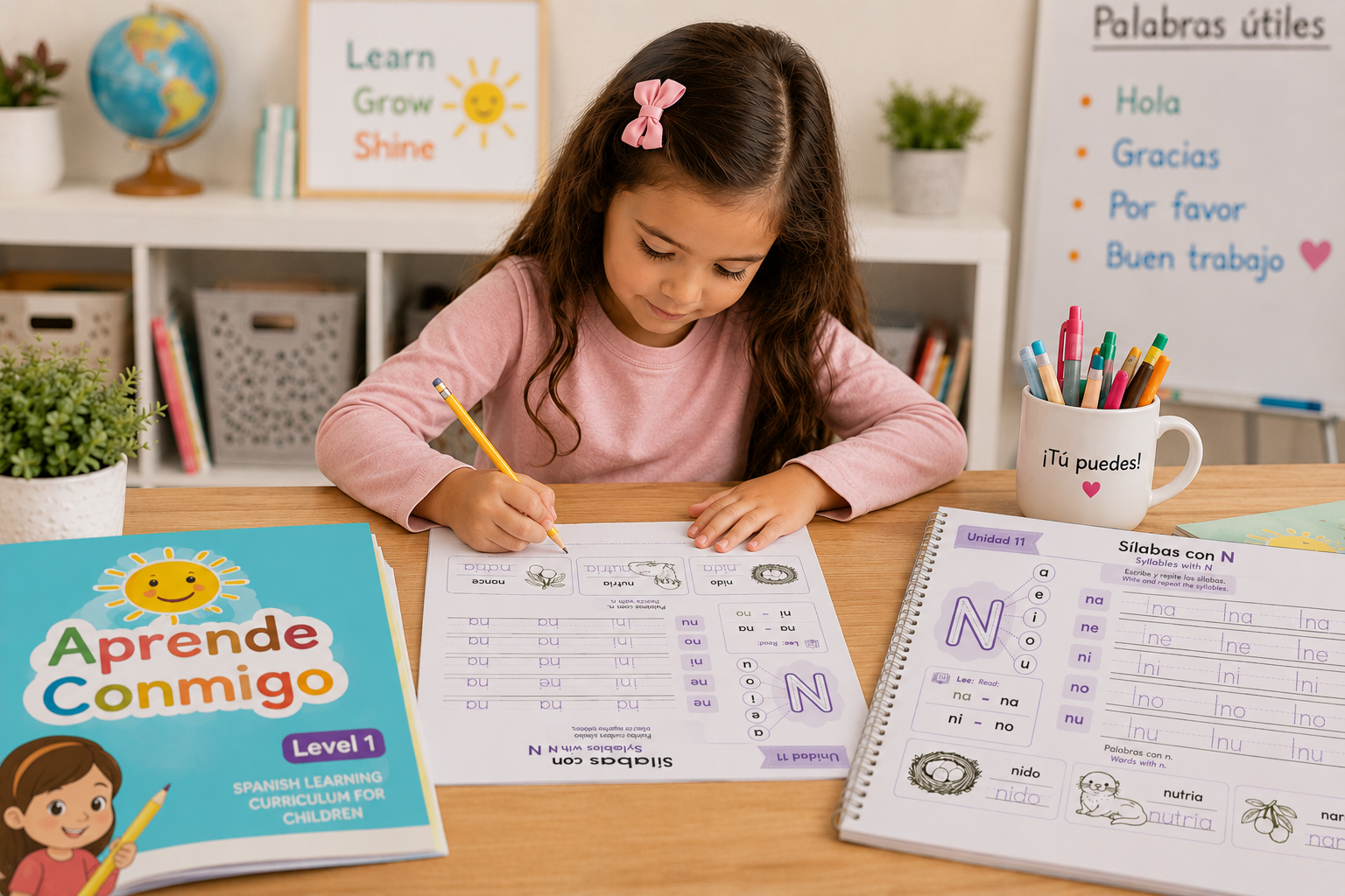 Child practicing Spanish with Aprende Conmigo curriculum materials at The Enrichment House