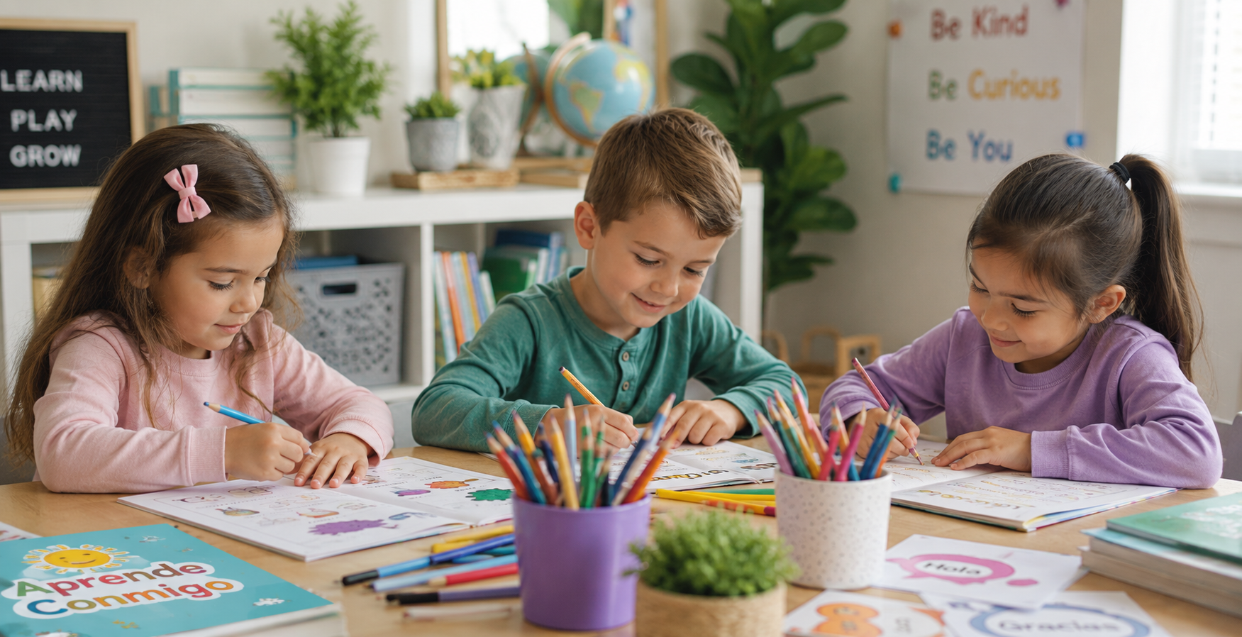 Children learning Spanish through interactive educational activities