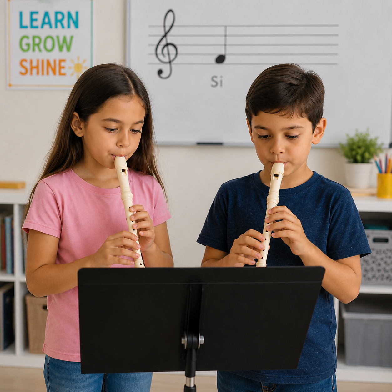 children learning recorder while reading the note B (Si) on a music staff